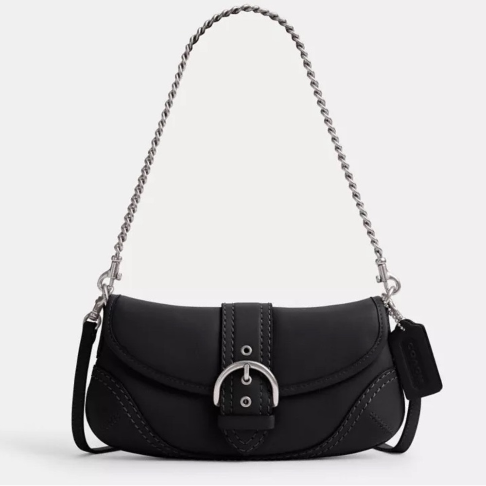 Coach Black Leather Shoulder Bag with Silver Chain Strap